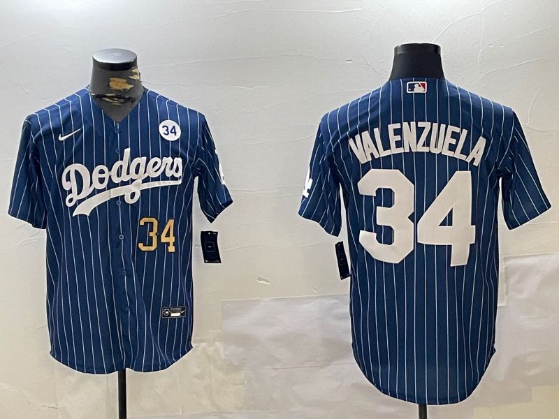 Men Los Angeles Dodgers 34 Valenzuela Blue Stripe Game 2024 Nike MLB Jersey style 11203